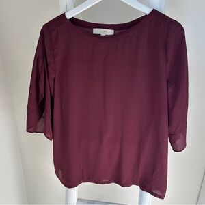 LOFT Deep Burgundy Short Sleeve Mixed Media Blouse Size Medium